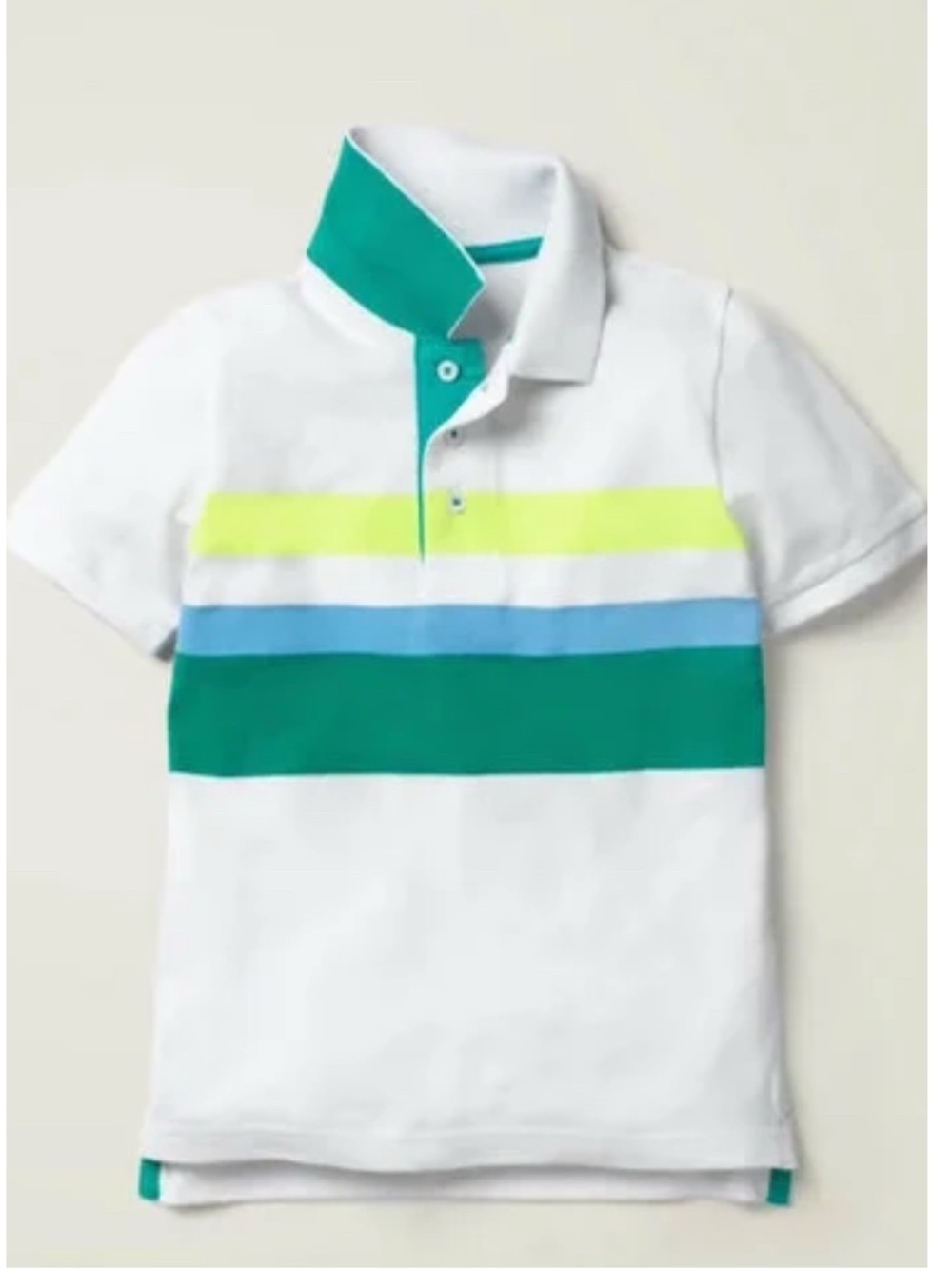 Boden White Polo with Neon Yellow, Light Blue & green Stripes